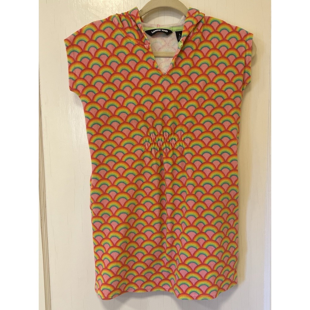 Lands' End Girls  Terry L 10-12 Hooded Beach Cover-Up Dress Rainbow Print